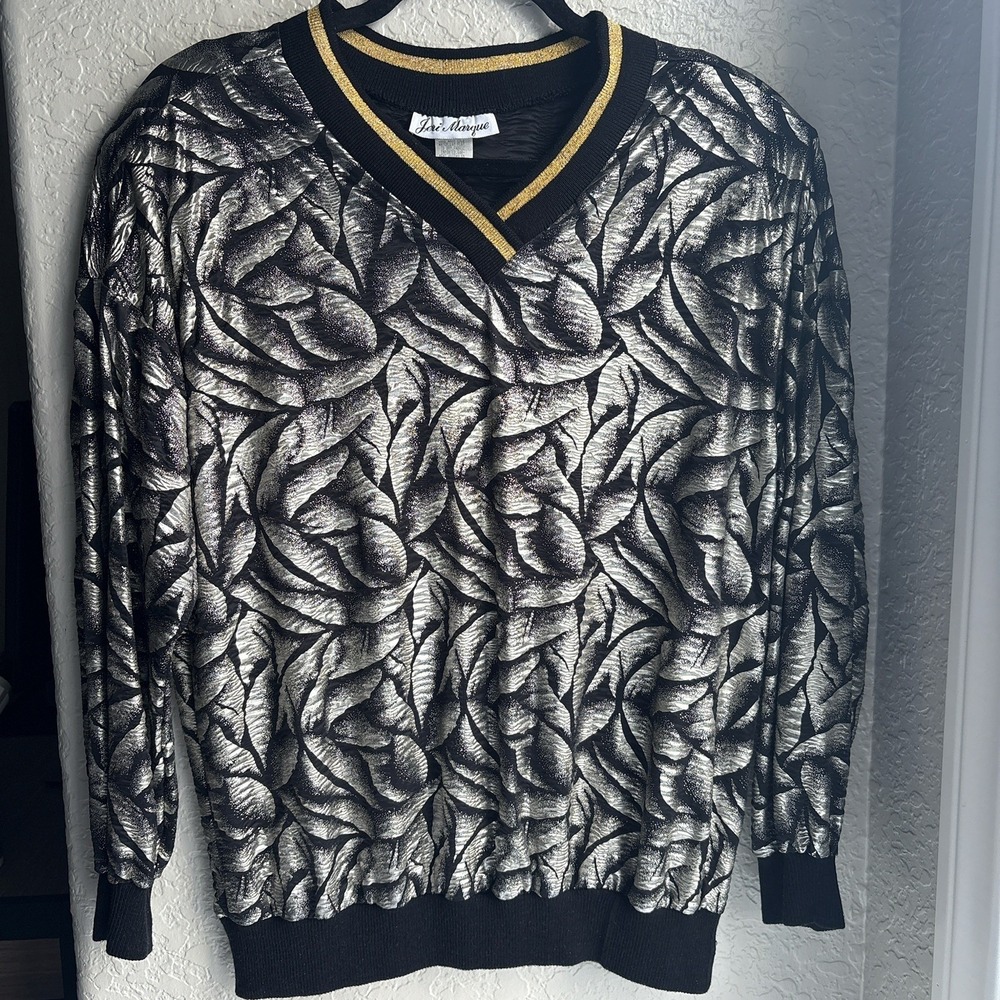 Vintage Jeri Marque 80s/90s Metallic Gold Leaf Black V-Neck Ribbed Stripe Top  M